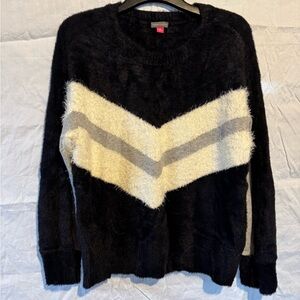 Vince Camuto Black Fuzzy Crew Sweater with Cream & Gray Chevron